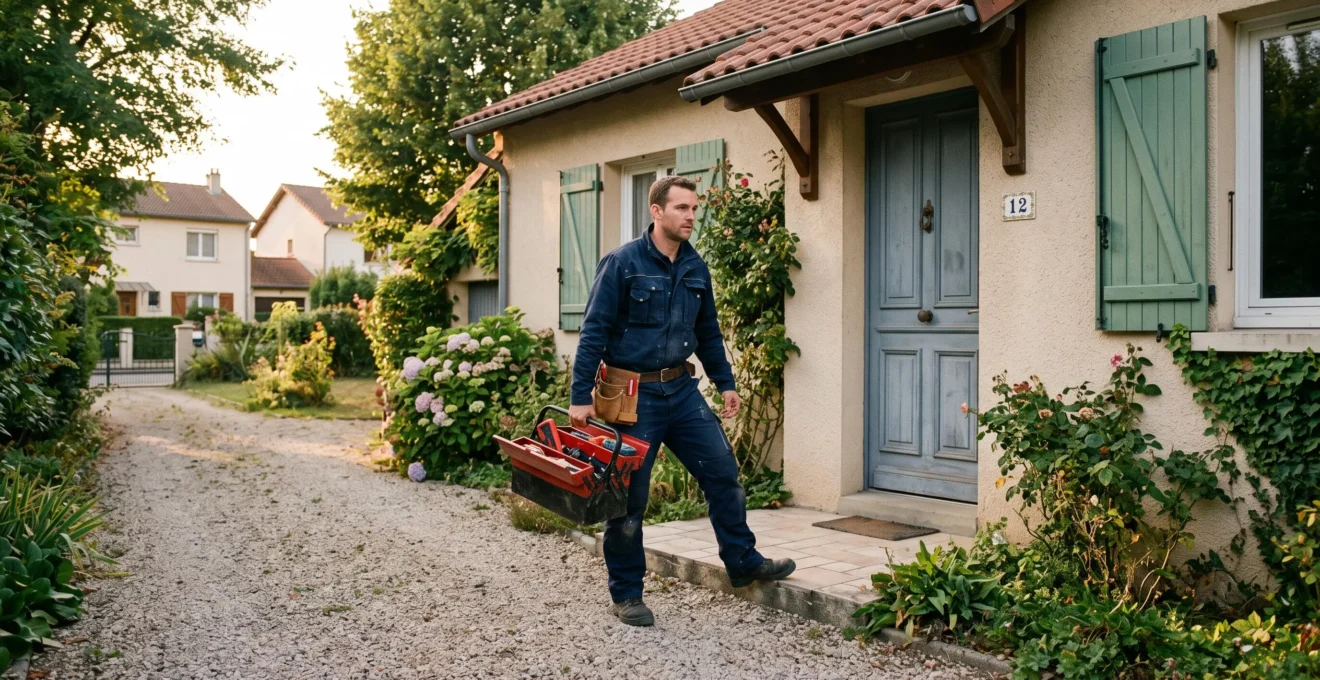 Un électricien en tenue de travail arrive chez un particulier avec sa boîte à outils.
