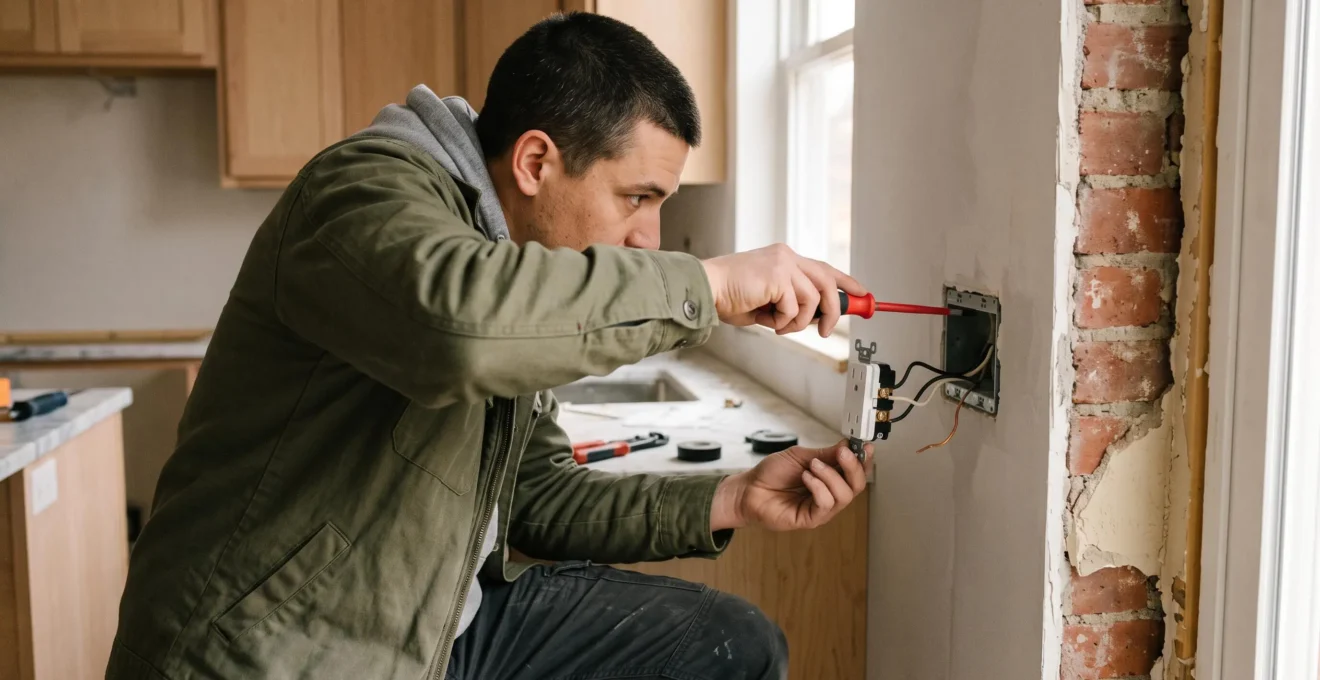 Un électricien raccorde le câblage d'une prise neuve sur un mur de cuisine.