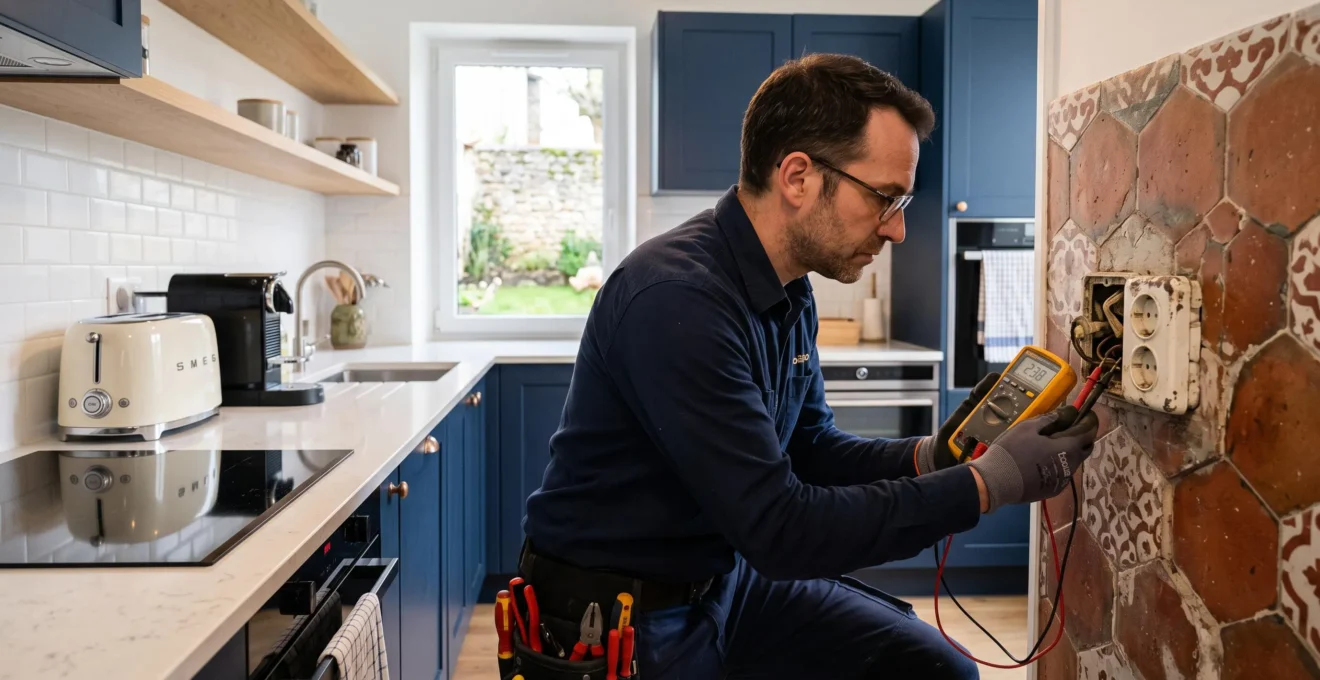 Un électricien contrôle une prise murale ancienne dans une cuisine rénovée.
